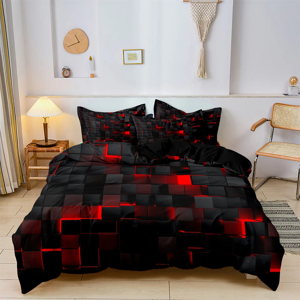 3Pcs Soft Red Grid Checked Quilt Doona Duvet Cover Set Single Double Queen King