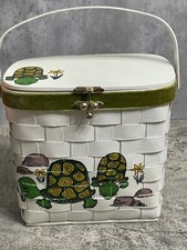 VINTAGE 1982 SIGNED CARO NAN WOODEN WOVEN BASKET PURSE HANDPAINTED TURTLES