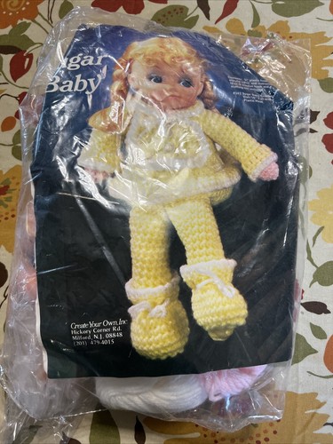 Bambola all'uncinetto Sugar Baby 16"" abito capelli gialli #342 testa in plastica NUOVA vintage USA