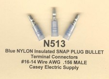 50 Blue NYLON Insulated SNAP PLUG BULLET Terminal 16-14 Gauge Wire AWG .156 MALE