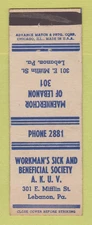 Matchbook Cover - Workman's Sick and Beneficial Society Lebanon PA ADVANCE