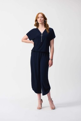 Joseph Ribkoff Midnight Blue V-Neck Zip Front Cropped Jumpsuit 251044