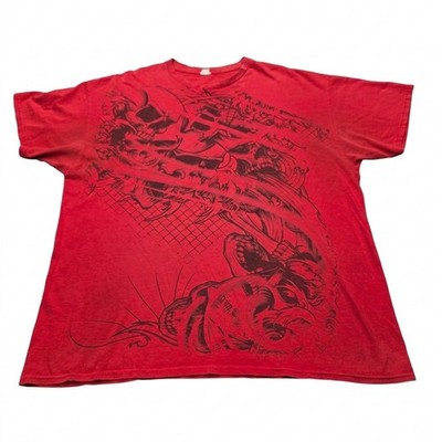 Men's XL VTG Y2K Red Skull Graphic All Over Print Grunge Goth Thrashed T-Shirt