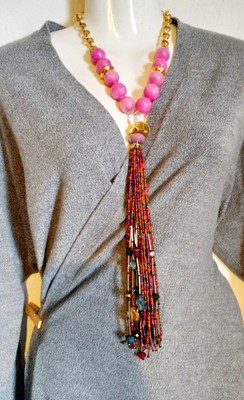 * RETIRED Devon Leigh 24k Gold Plated Pink Jade & Crystal 11'' Tassle Necklace *