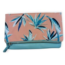 Rachel Pally foldover clutch - reversible floral w tassel  zipper teal pink