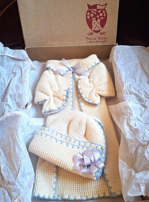 50s New Era Infant Coat and Hat Cream-Blue New Pristine Knit New In Box #2305