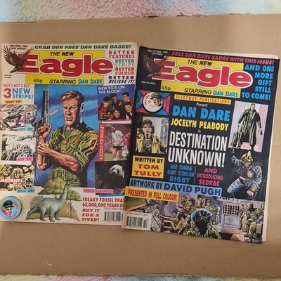 The New Eagle comic  x 2, 28th April 1990, 20 Oct 90 Dare badge x 2