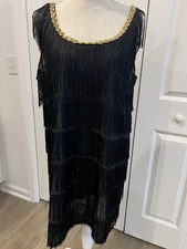 Women's Black Flapper Dress with Gold Sequin Neck Trim and Tiered Fringe M/L