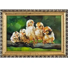 Original Oil Painting Baby Chicks Farm Animal Rustic Hen Art 4x6 inch Framed