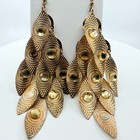 Vintage Y2K Gold Tone Textured Leaf Chandelier Dangle Earrings Rhinestone Hook