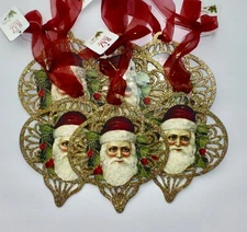 Set of 6 Vintage RAZ Imports Santa Glittered Gold Ornaments Double Sided Ribbons