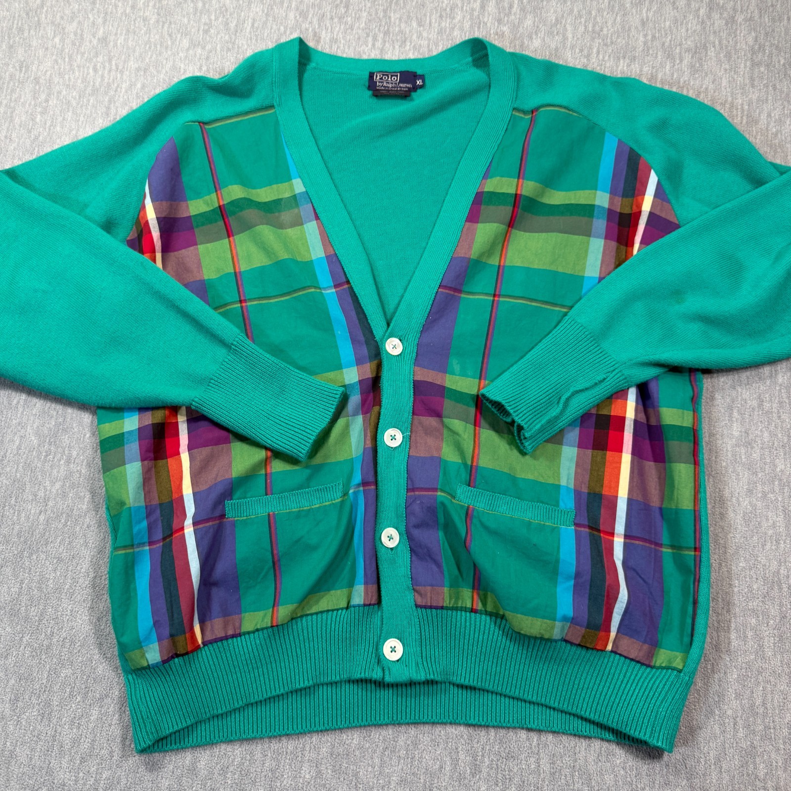 Polo Cardigan Men XL Green Multicolor Plaid Button Front Pocket Vintage Cotton