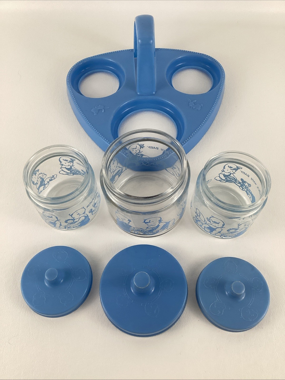 Vintage Glasco Baby Nursery Jar Set Vanity Blue Round The Clock 1950s 1960s