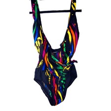 Vintage Oscar de la Renta Faux Wrap One Piece Swimsuit Neon Abstract Print 14