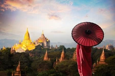 Laminated Monk Red Umbrella Temples Bagan Mandalay Myanmar Landscape Photo Poste