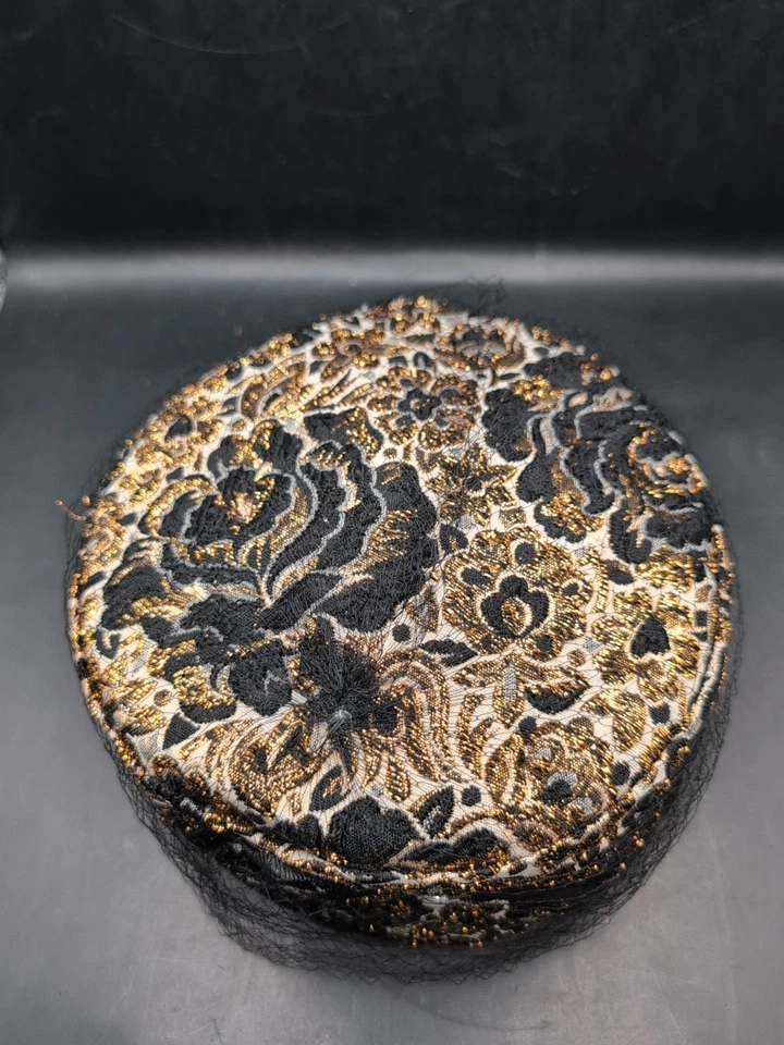 Vintage Royce Exclusive Ladies Pillbox Gold & Black Brocade Hat W/ Netting - Image 4 of 4