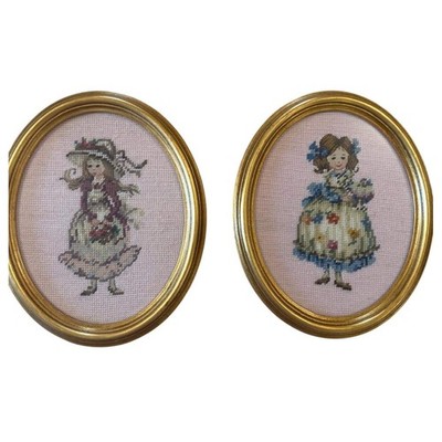 Vintage Oval Gold Framed Needlepoint Art Pair Victorian Girls Marjane Davant