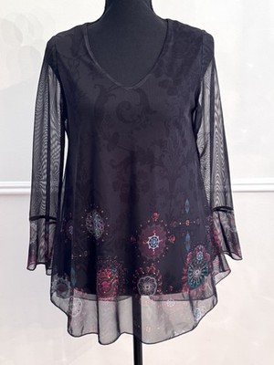 Desigual Small Black Sheer Mesh Top Medallion Border Print Bell Sleeve Morocco