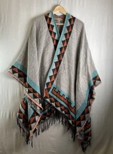 Urban Coco Tribal Geometric Fringe Poncho Wrap Shawl Beige Teal Rust Boho