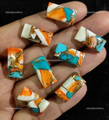 10 Pcs Natural Spiny Oyster Copper Turquoise Rectangle Artisan Cabochon Lot