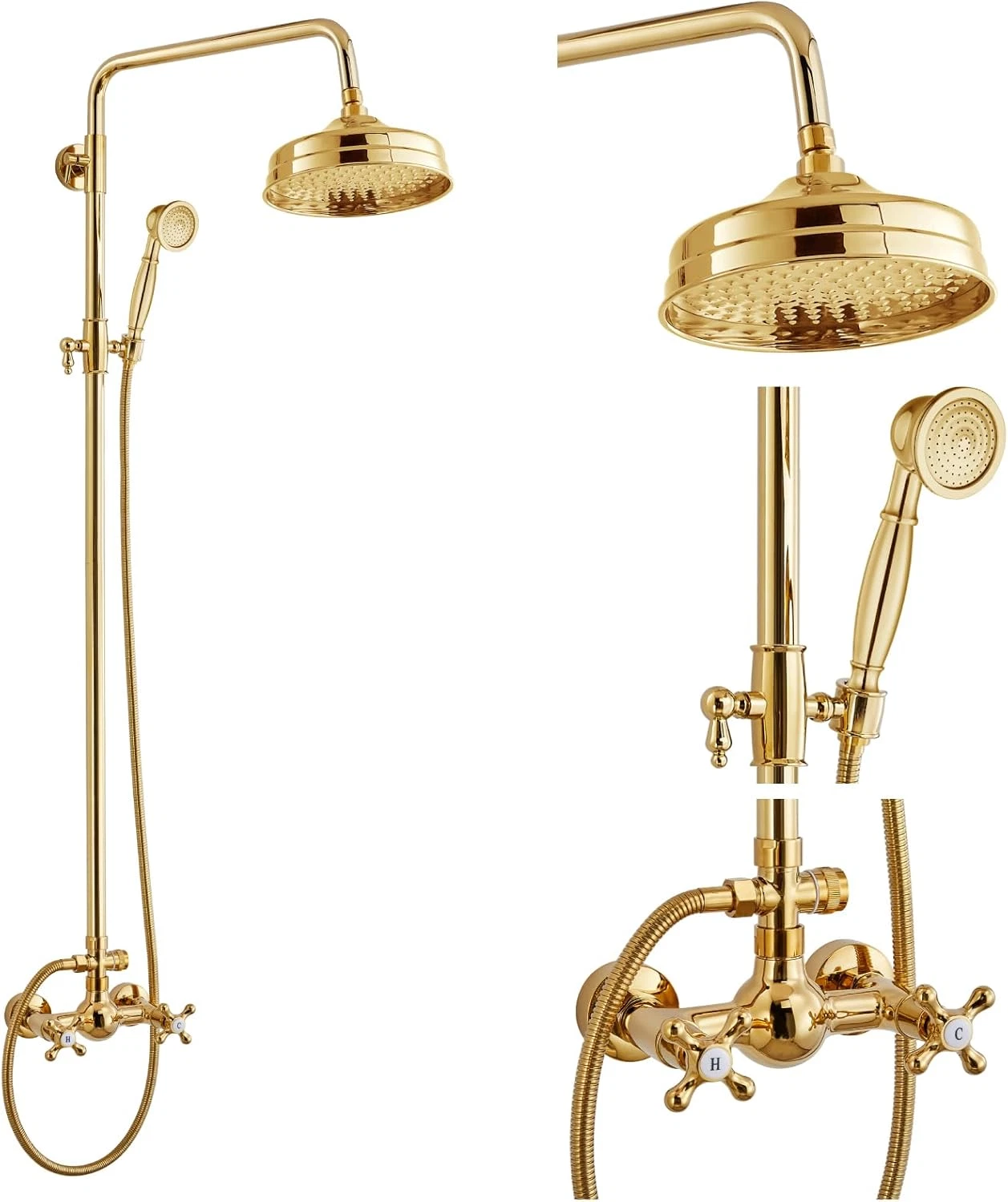 Polished Gold 8" Rain Showerhead Wall Mount Faucet Set with Handheld Spray