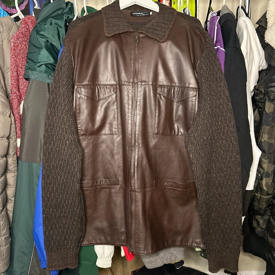 Винтажная мужская коричневая кожаная куртка на молнии Mondo Di Marco шерстяной рукав размер большой 80-е - Изображение 2 из 4