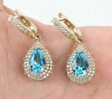 4.20Ct Pear Cut Blue Topaz Simulated Drop/Dangle Earrings 14K Yellow Gold Finis