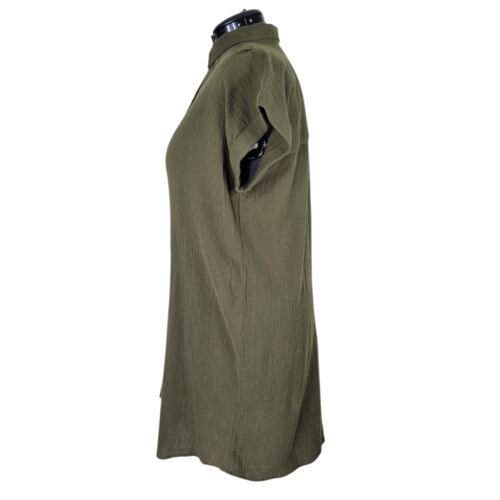 Abito Camicia Loft XL Verde Oliva Bottone Pieghettato Anteriore Dolman Maniche Cotone Nuovo - Foto 2 di 9