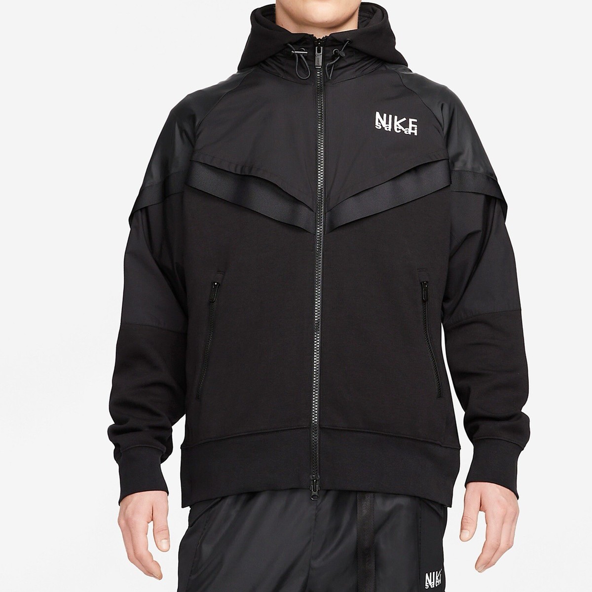 ナイキ ×sacai Full Zip Hoodie ナイロン パーカー XXL Mens Nike X Sacai Windrunner Full Zip Hoodie Jacket Black White