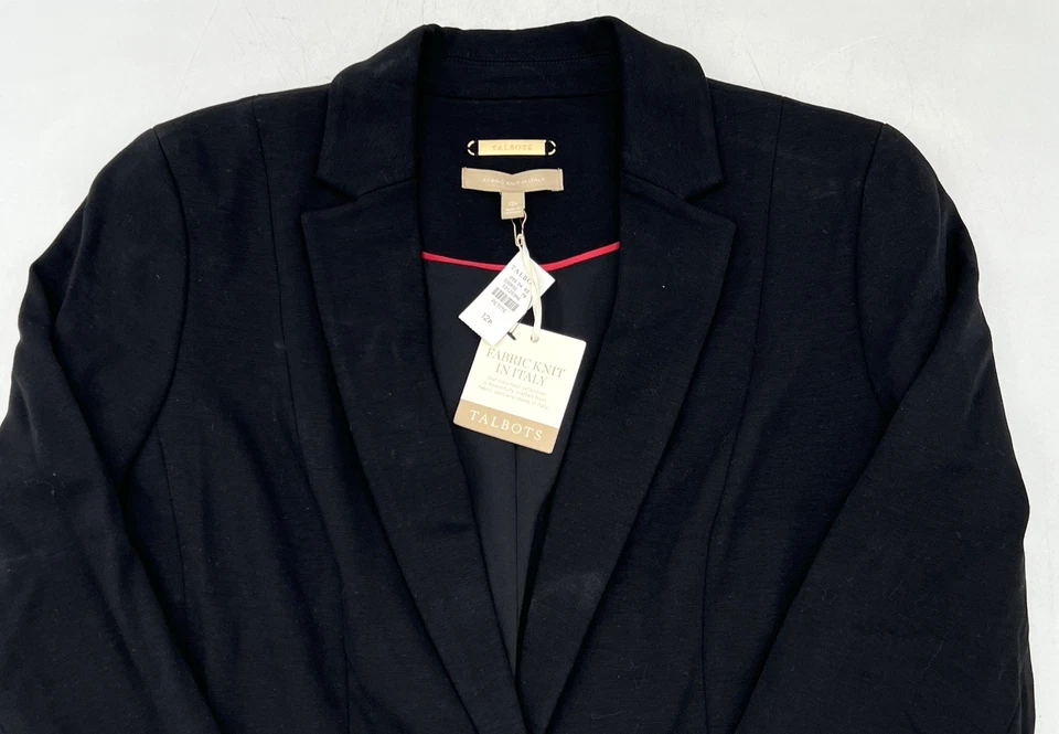 TALBOTS GOLD LABEL BLACK BLAZER WOMENS 12P FABRIC KNIT IN ITALY BUTTON CLOSURE - Image 4 of 4