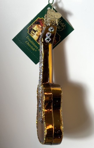 Old World Christmas GUITAR Gold Tone Glitter OWC Blown Glass Ornament With Box - Picture 3 of 19