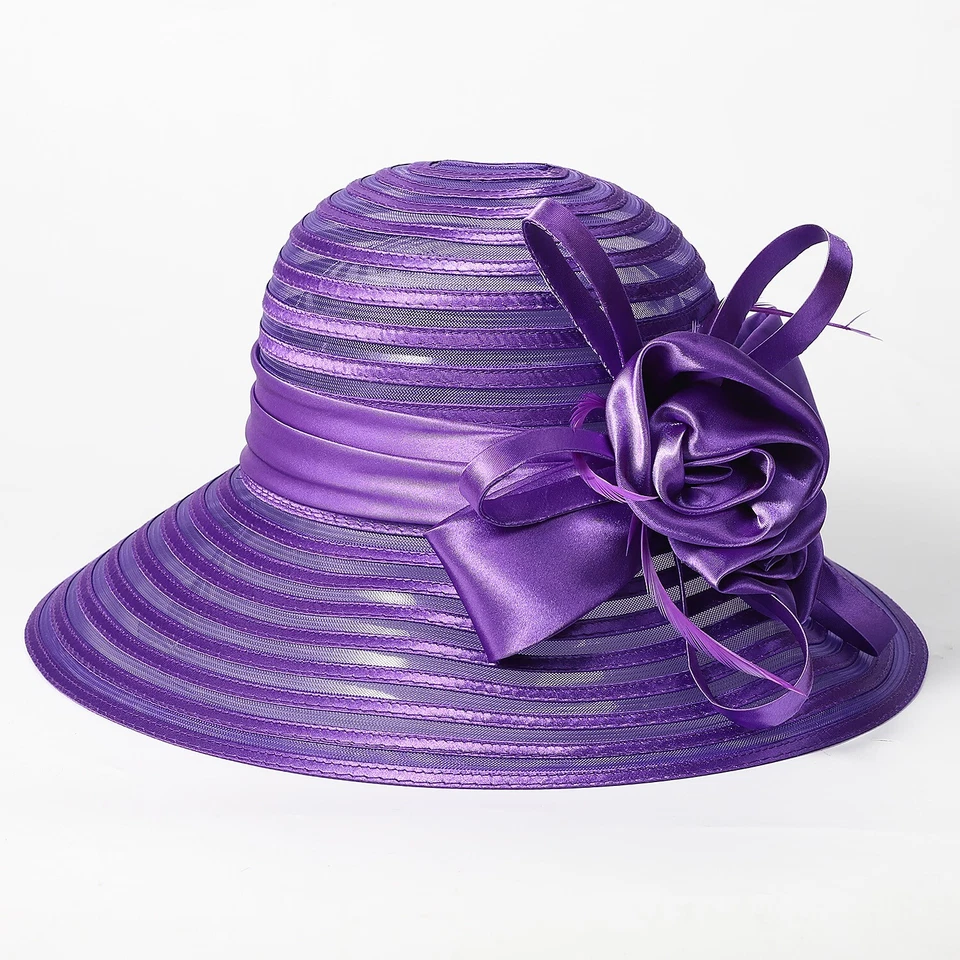 Sombreros para el sol de ala ancha púrpura para mujer gorra floja elegante flor iglesia fedoras Foto 4 de 4