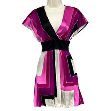 Express Y2K Silk Blend Dress Fuchsia Black Colorblock V Neck Size XS