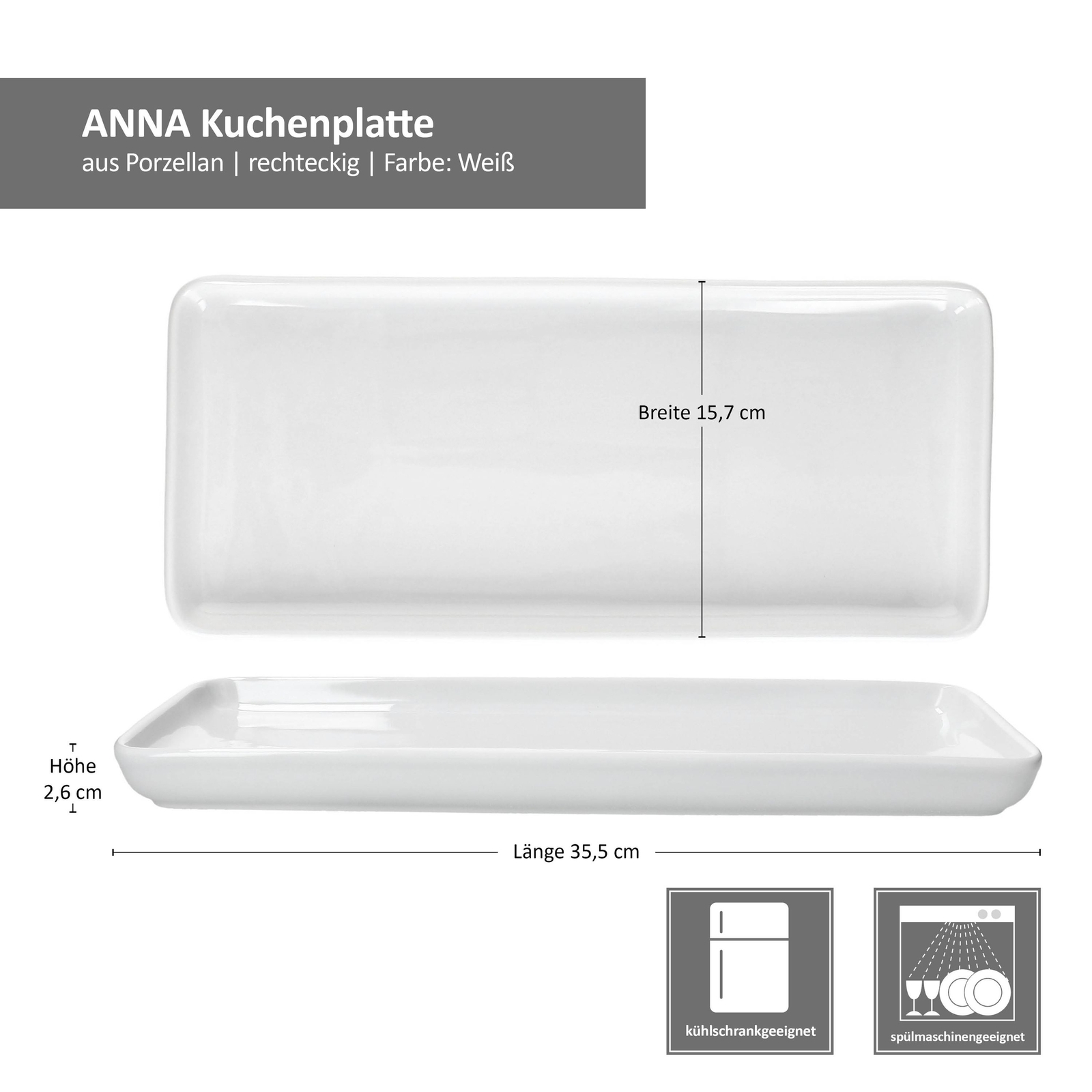 2x Anna Kuchenplatte weiß rechteckig Porzellan Stollen Kekse Servier-Platte