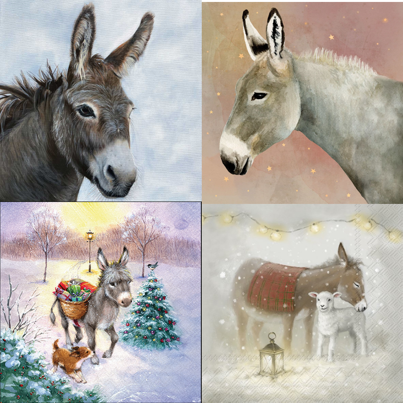 4  MIXED SET Paper Napkin/33cm/3Ply/Decoupage/Christmas/Animals/Assorted Donkeys