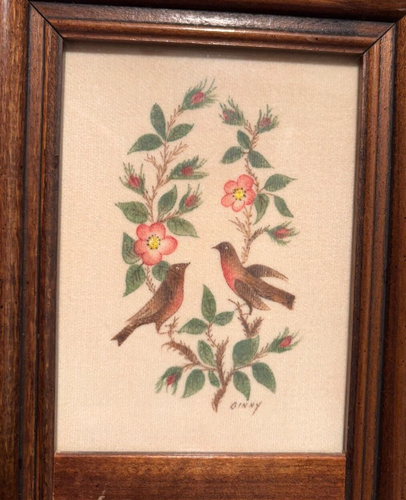 Vintage Theorem Painting Floral & Birds Mirror Signed Ginny Grudzien Framed ~16"