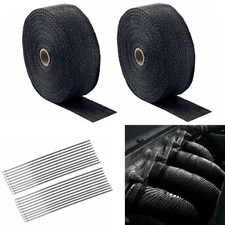2 Roll x 2" 50Ft Exhaust Manifold Header Black Pipe Heat Wrap Tape+20 Ties Kit
