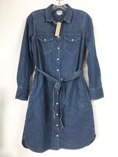 J Crew Womens 0 Denim Shirt Dress Tie Belt Pearl Snap Blue Cotton M0535 NEW