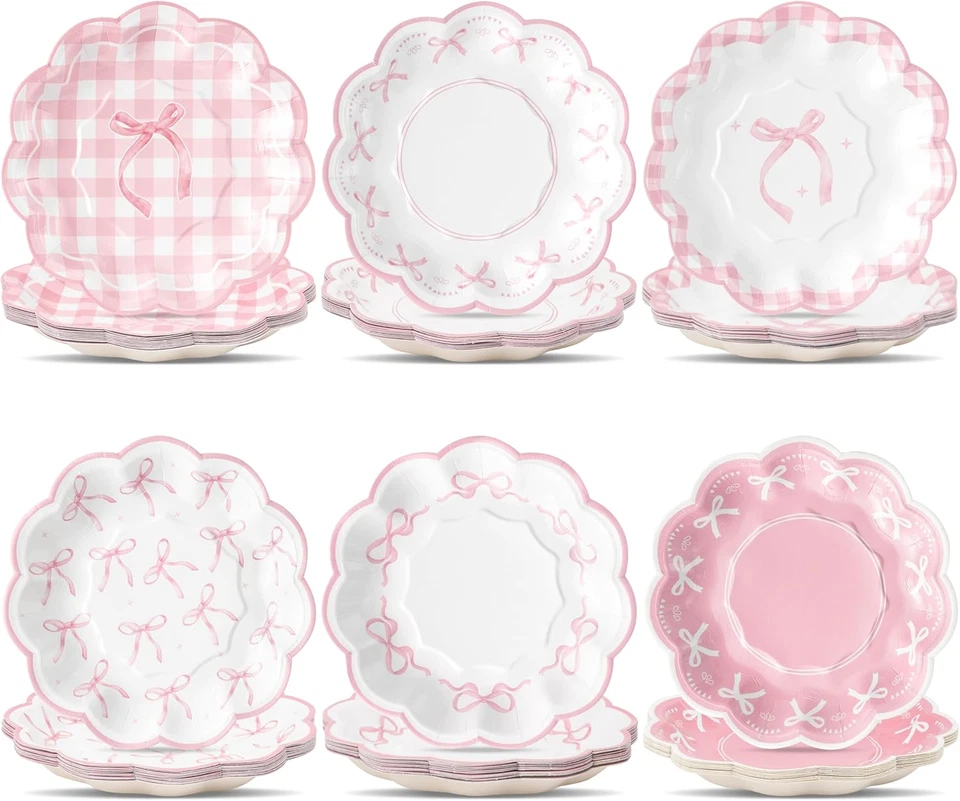 Platos de papel con lazo rosa - 60 piezas platos de flores desechables de 7 pulgadas platos para Se... Foto 2 de 4