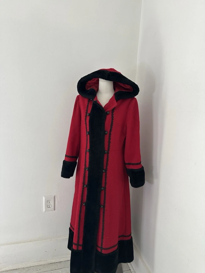 Vintage 60s Sears Red And Black Long Princess Faux Fur Trim Hooded Coat - Image 2 of 4