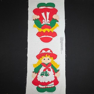 Christmas Girl Fabric Panel Red Green Dress Hat Yellow Hair 18" x 44" Vintage