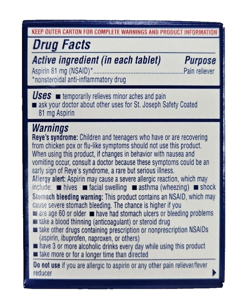 St. Joseph Aspirin Low Dose 81mg Enteric Coated 36 count ( 3 pack ) __