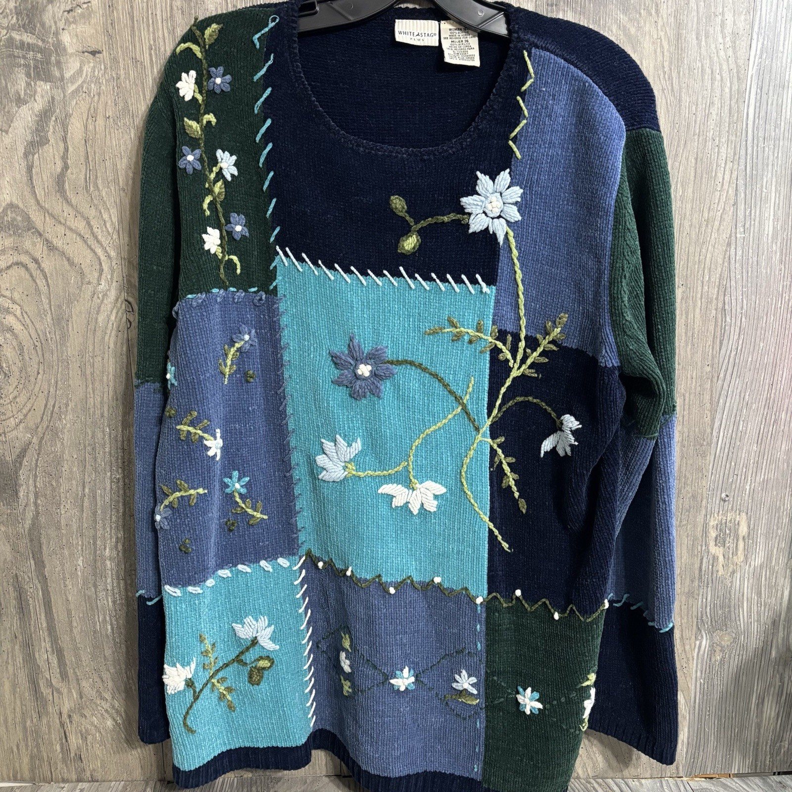 Patchwork Chunky embroidered flower Blue Sweater … - image 1