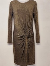 TED BAKER Ladies Dress Size 10 / Ted 2 GOLD Long Sleeve Knee Length Twist Ruched