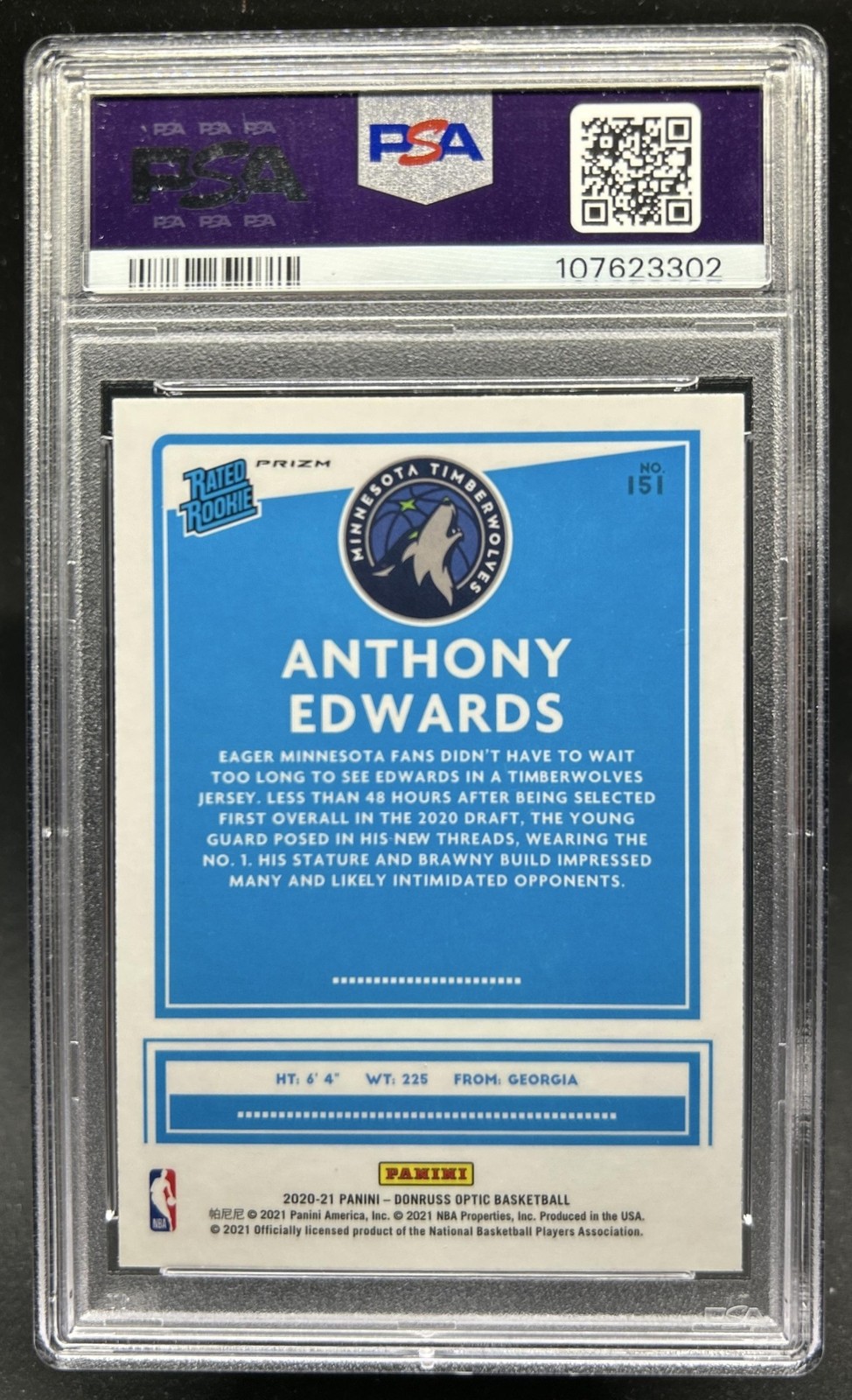 2020-21 Panini Donruss Optic Anthony Edwards Purple Pulsar Prizm RC #151 PSA 9 view 2