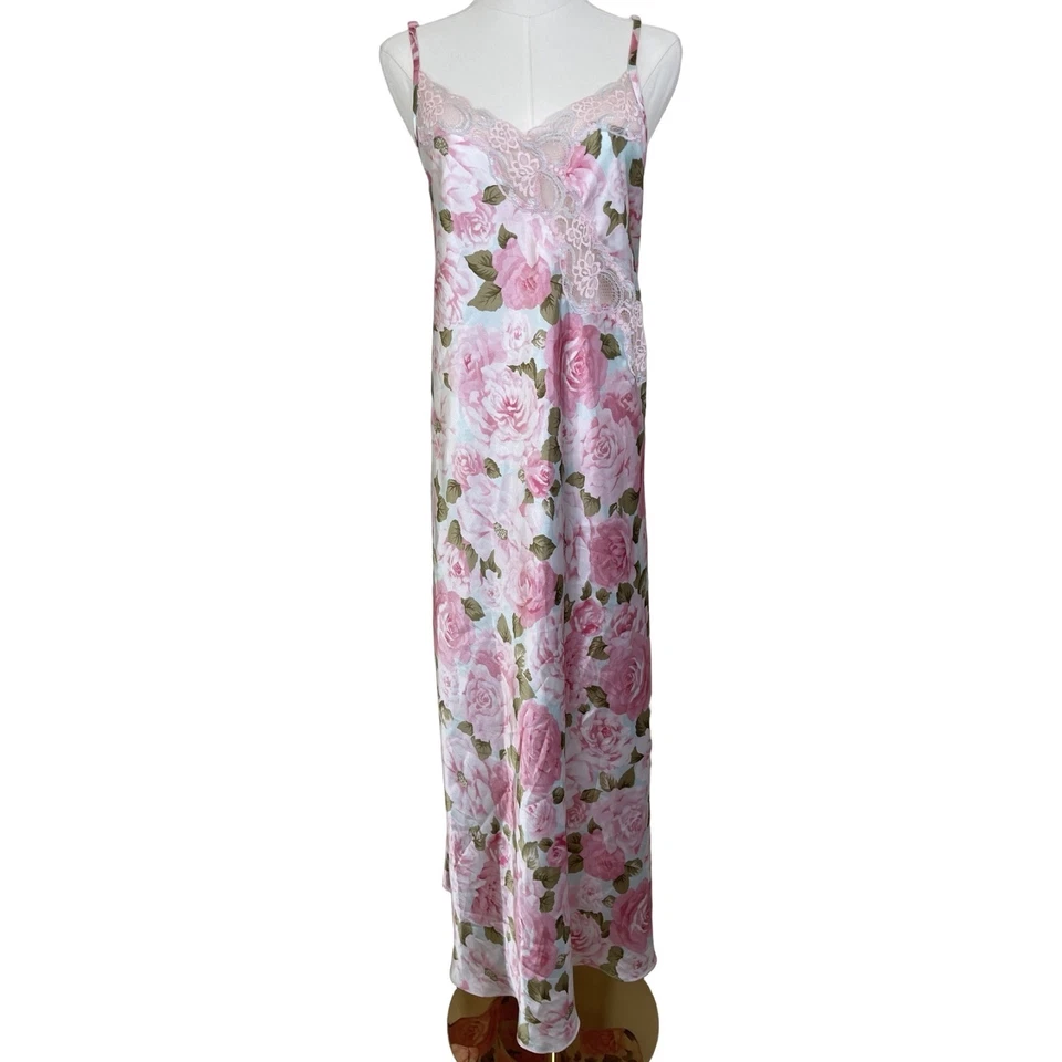 Maxi Camisón Vintage Jaclyn Smith Rosa Floral Brillante Satén Encaje 3X Babydoll Y2K Foto 2 de 4
