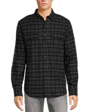 George Mens Flannel Shirt Long Sleeves Relaxed Fit Black Plaid Size L (42-44)