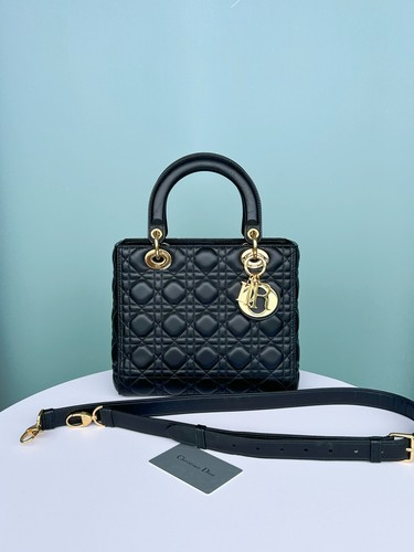 Dior Lady Dior Medium Black Lambskin Leather Handheld Crossbody Duty Paid