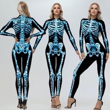 New Women Zombie Scary Skeleton Printed Bodysuit Halloween Party Costume Dress