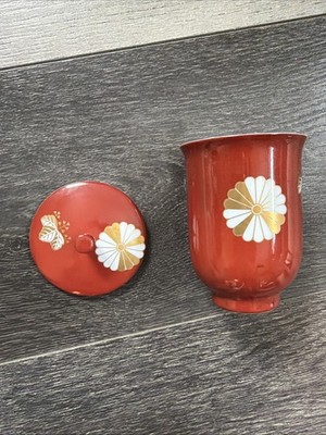 Noritake Nippon Toki Kaisha Sunset Red Glaze Daisy Gold Leaf Lidded Tea Cup 4 